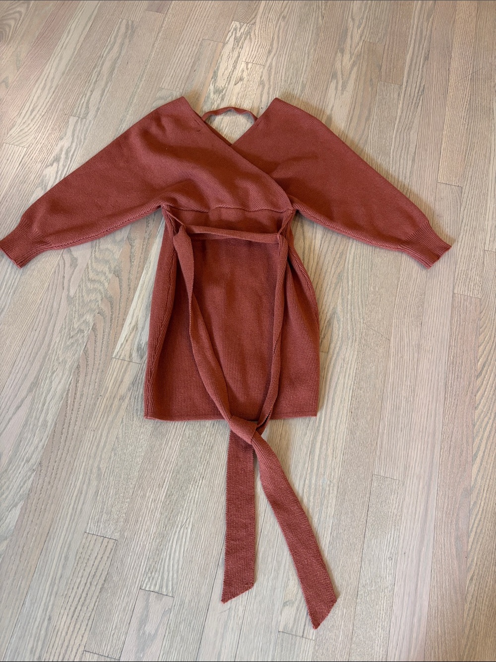 Rust Knit Wrap Sweater Mini Dress with Tie Belt